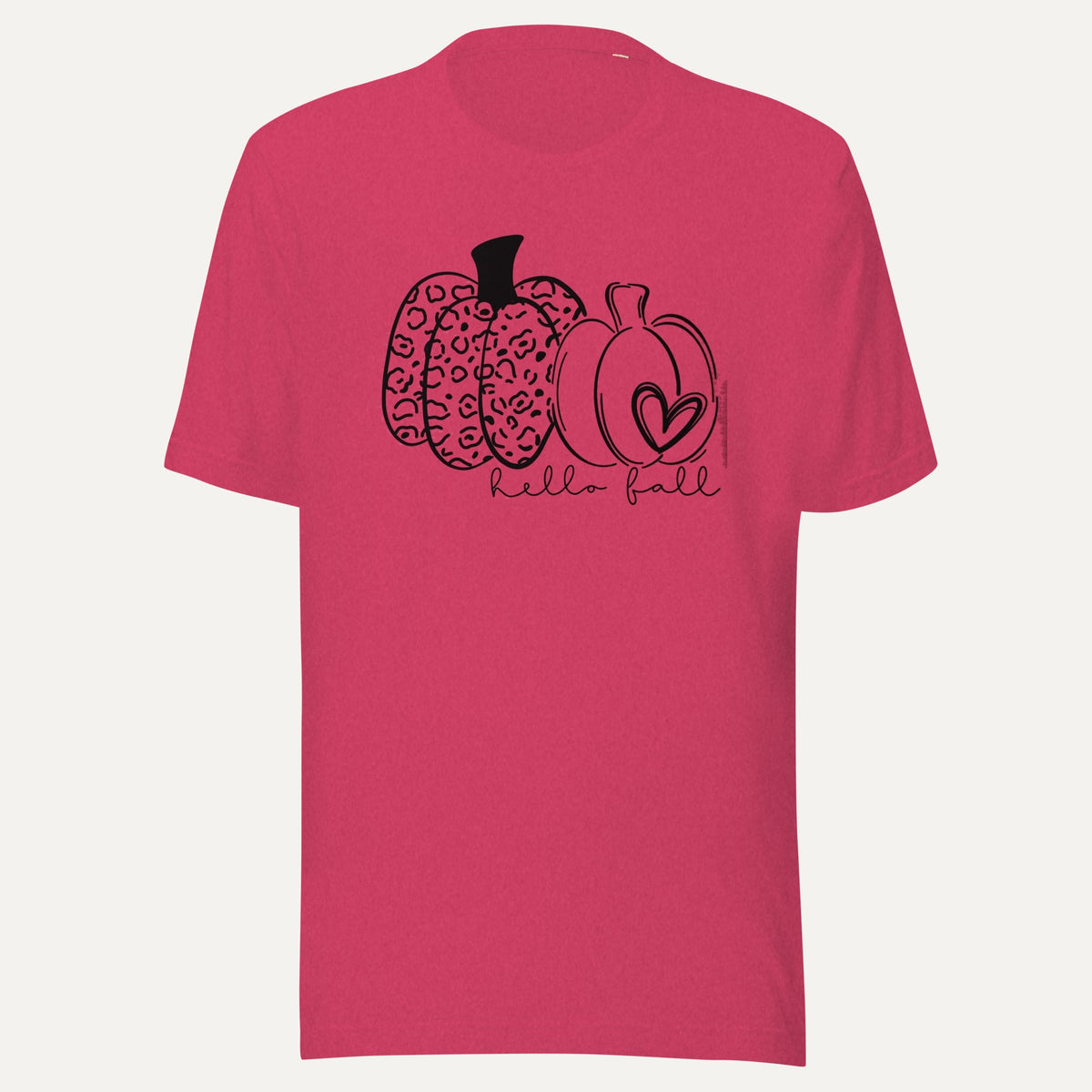 Hello Fall Two Pumpkins With Heart Short Sleeve Tee in Heather Raspberry, front view