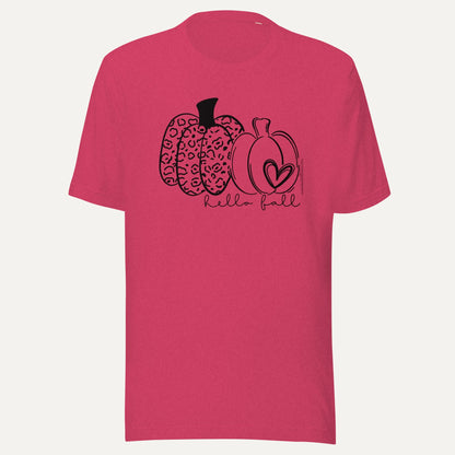 Hello Fall Two Pumpkins With Heart Short Sleeve Tee in Heather Raspberry, front view