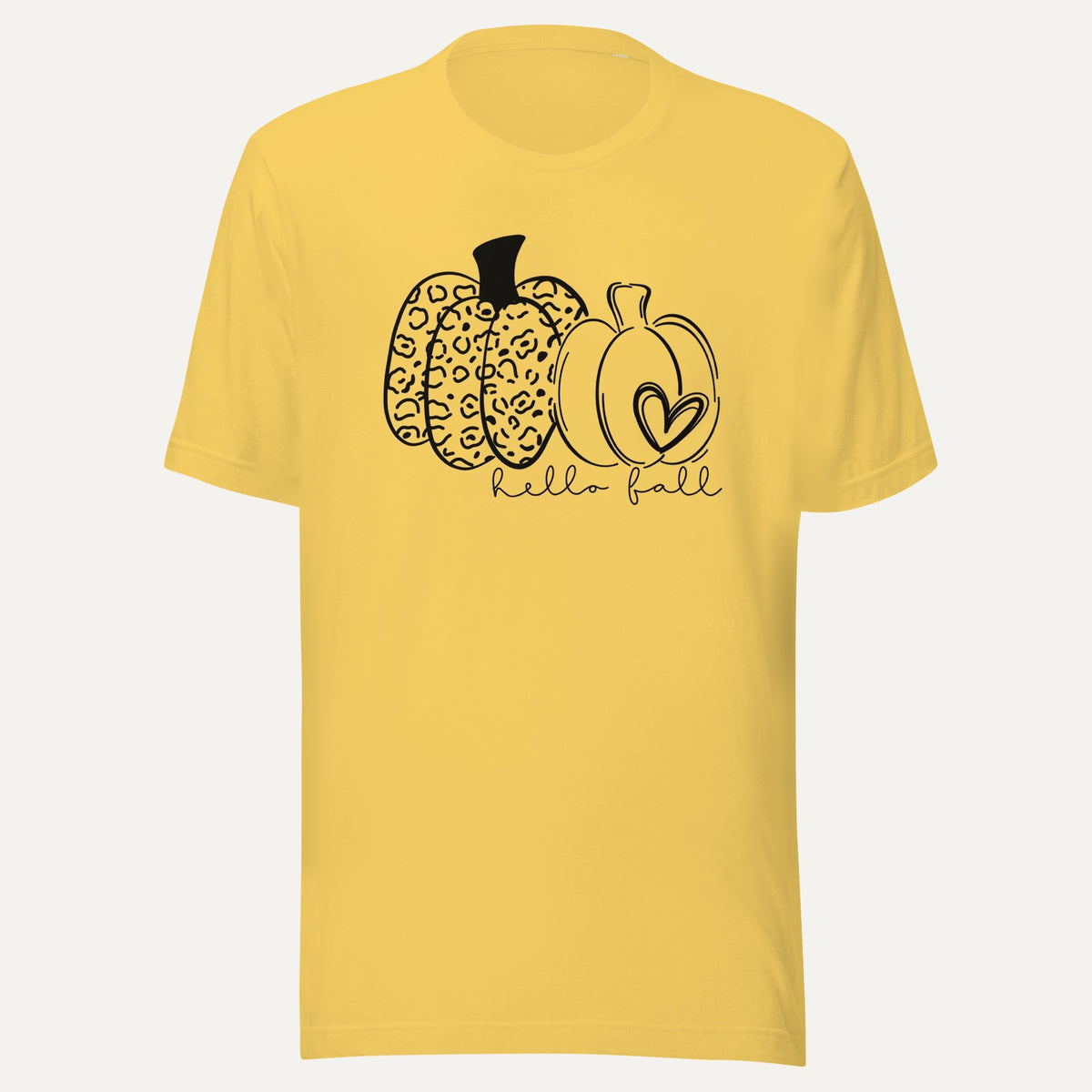 Hello Fall Two Pumpkins With Heart Short Sleeve Tee in Yellow, front view