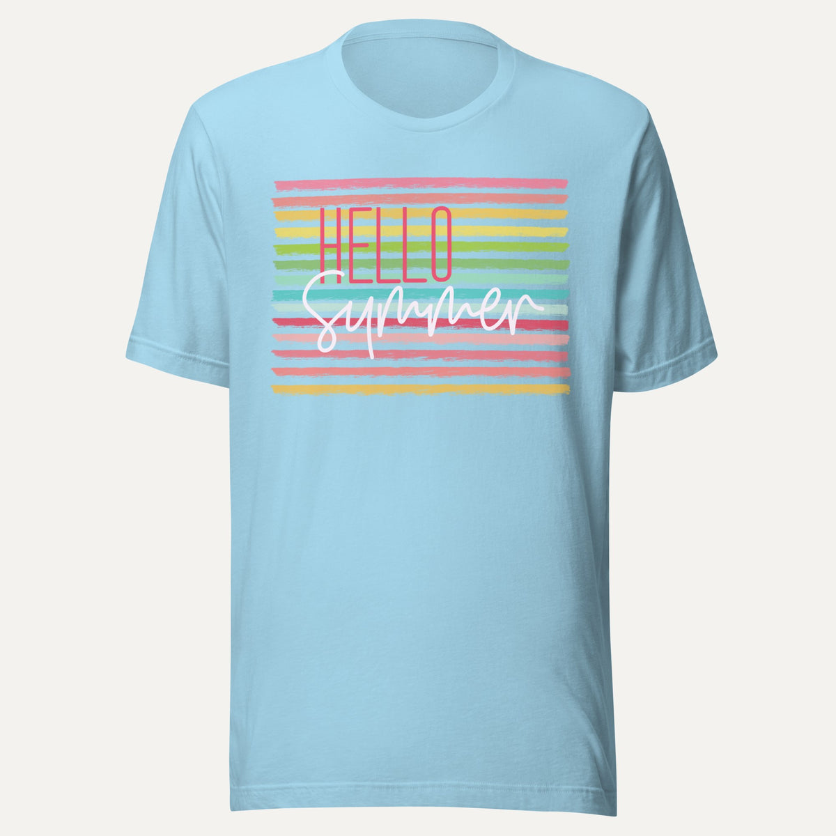 Hello Summer Candy Striped Short Sleeve Tee in Ocean Blue, front view