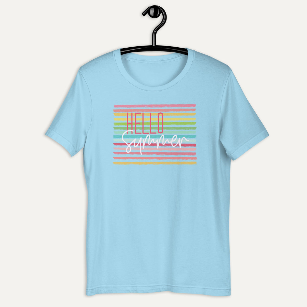 Hello Summer Candy Striped Short Sleeve Tee in Ocean Blue, on hanger