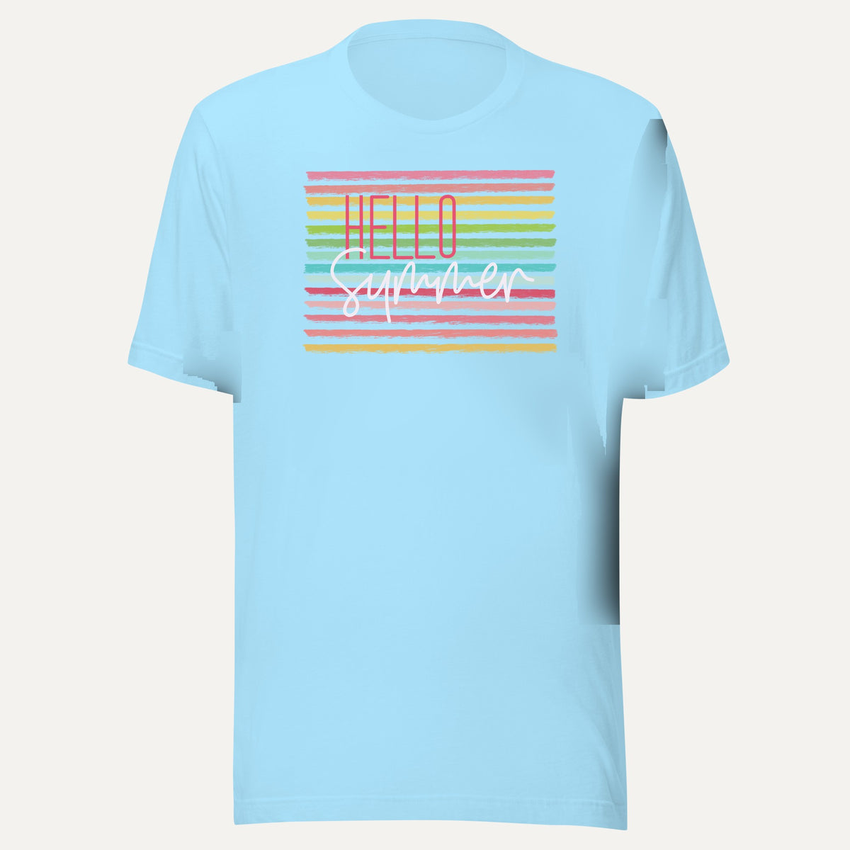 Hello Summer Candy Striped Short Sleeve Tee in Ocean Blue, front view