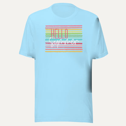 Hello Summer Candy Striped Short Sleeve Tee in Ocean Blue, front view