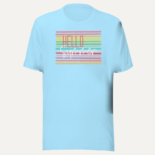 Hello Summer Candy Striped Short Sleeve Tee in Ocean Blue, front view