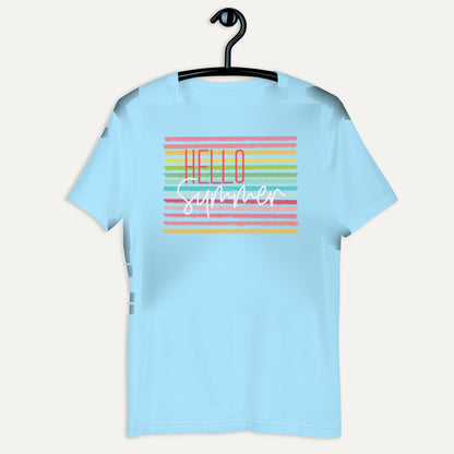 Hello Summer Candy Striped Short Sleeve Tee in Ocean Blue, on hanger