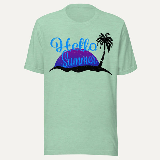 Hello Summer Palm Trees Short Sleeve Tee in Heather Prism Mint, front view