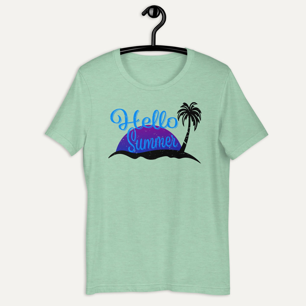 Hello Summer Palm Trees Short Sleeve Tee in Heather Prism Mint, on hanger