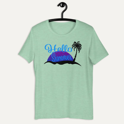 Hello Summer Palm Trees Short Sleeve Tee in Heather Prism Mint, on hanger