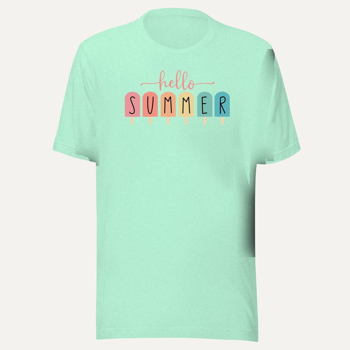 Hello Summer Popsicle Short Sleeve Tee in Heather Mint, front view