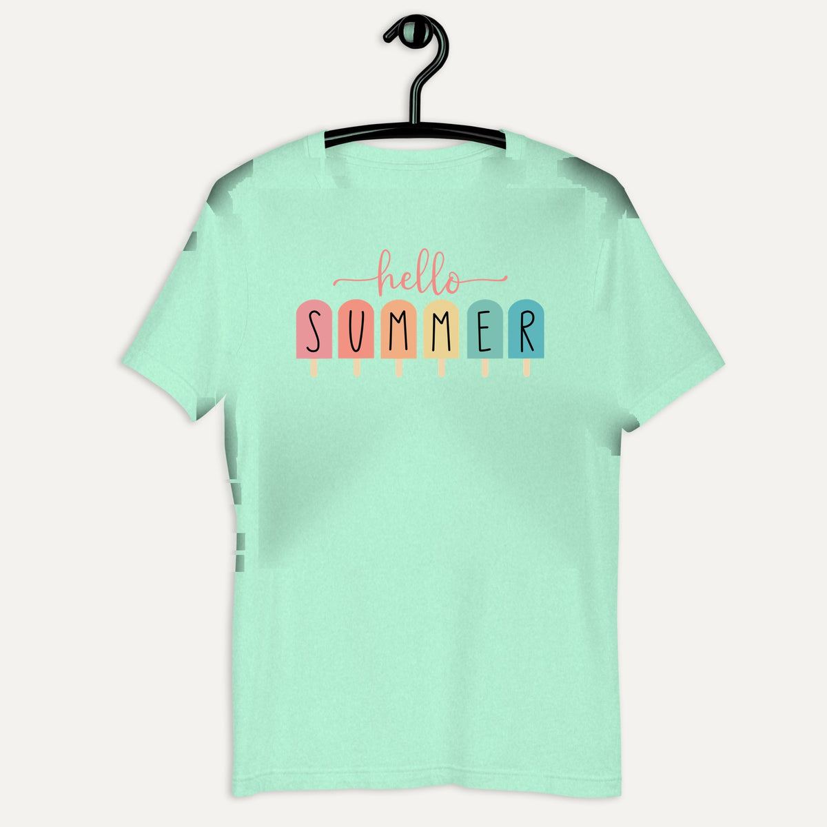 Hello Summer Popsicle Short Sleeve Tee in Heather Mint, on hanger