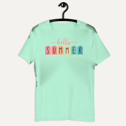 Hello Summer Popsicle Short Sleeve Tee in Heather Mint, on hanger