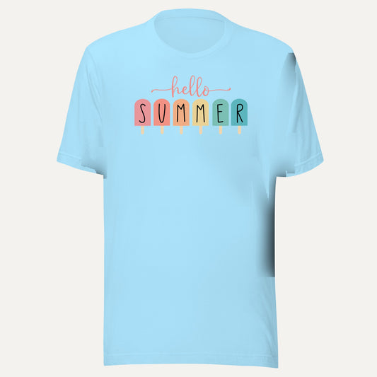 Hello Summer Popsicle Short Sleeve Tee in Ocean Blue, front view