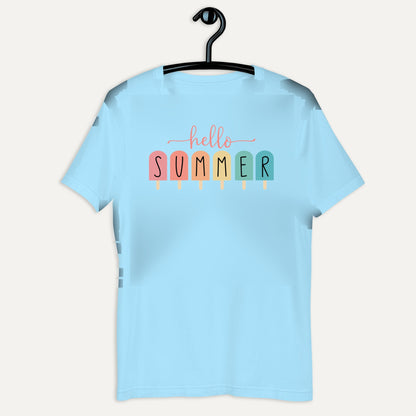 Hello Summer Popsicle Short Sleeve Tee in Ocean Blue, on hanger