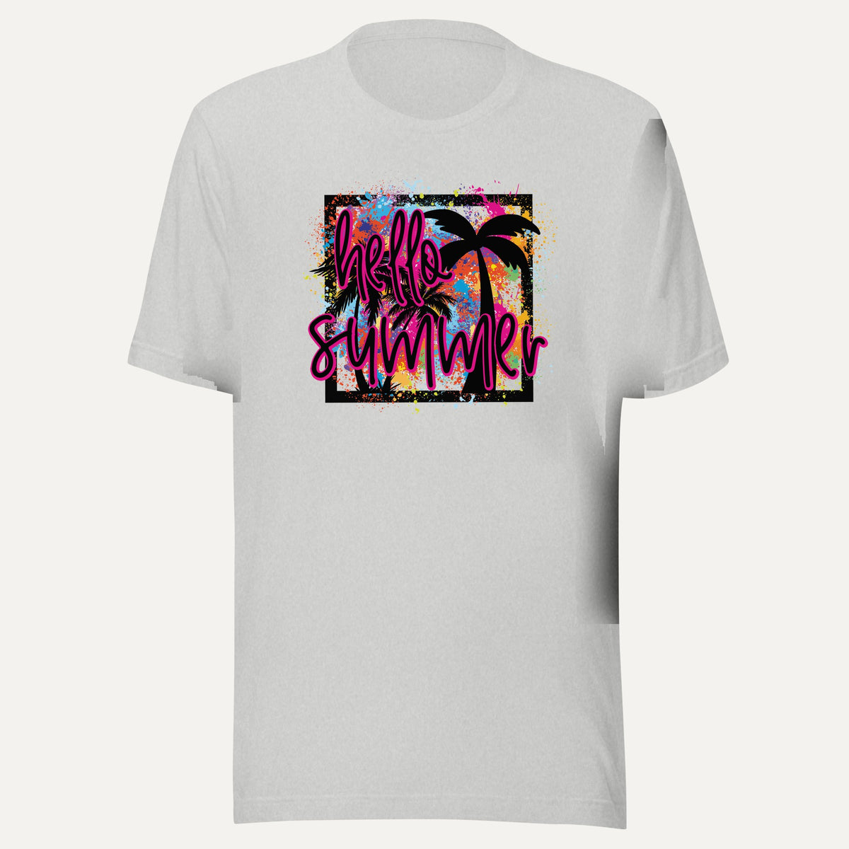 Hello Summer Tropical Neon Short Sleeve Tee in Athletic Heather, front view