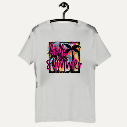 Hello Summer Tropical Neon Short Sleeve Tee in Athletic Heather, on hanger