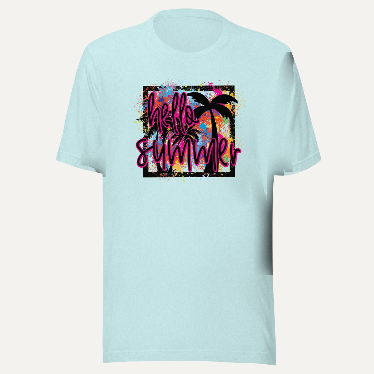 Hello Summer Tropical Neon Short Sleeve Tee in Heather Prism Ice Blue, front view