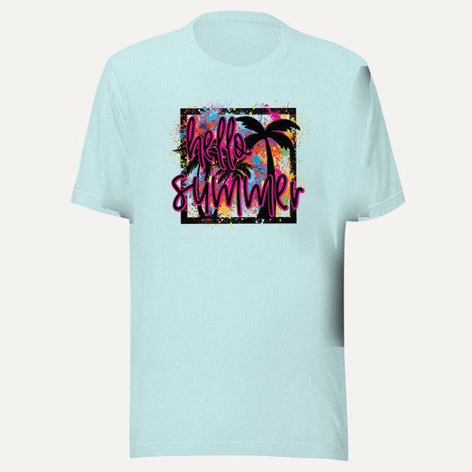 Hello Summer Tropical Neon Short Sleeve Tee in Heather Prism Ice Blue, front view