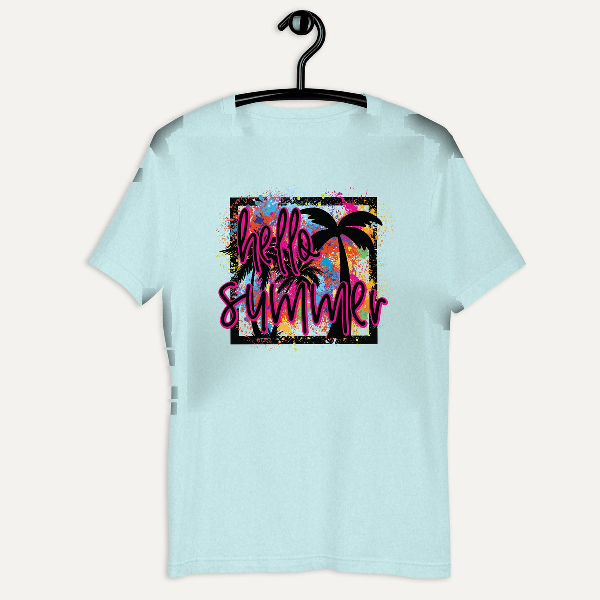Hello Summer Tropical Neon Short Sleeve Tee in Heather Prism Ice Blue, on hanger