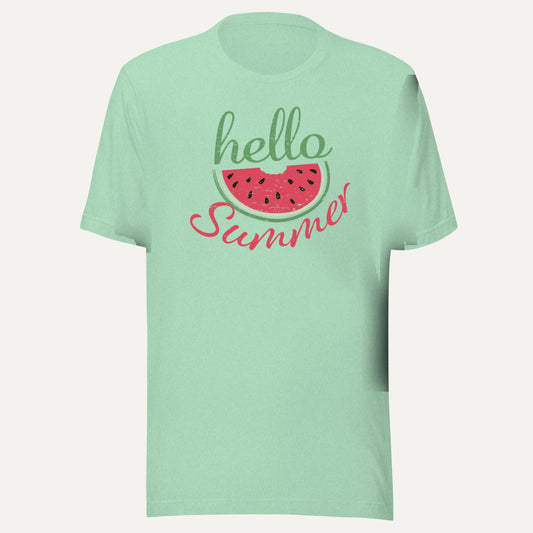 Hello Summer Watermelon Short Sleeve Tee in Heather Prism Mint, front view