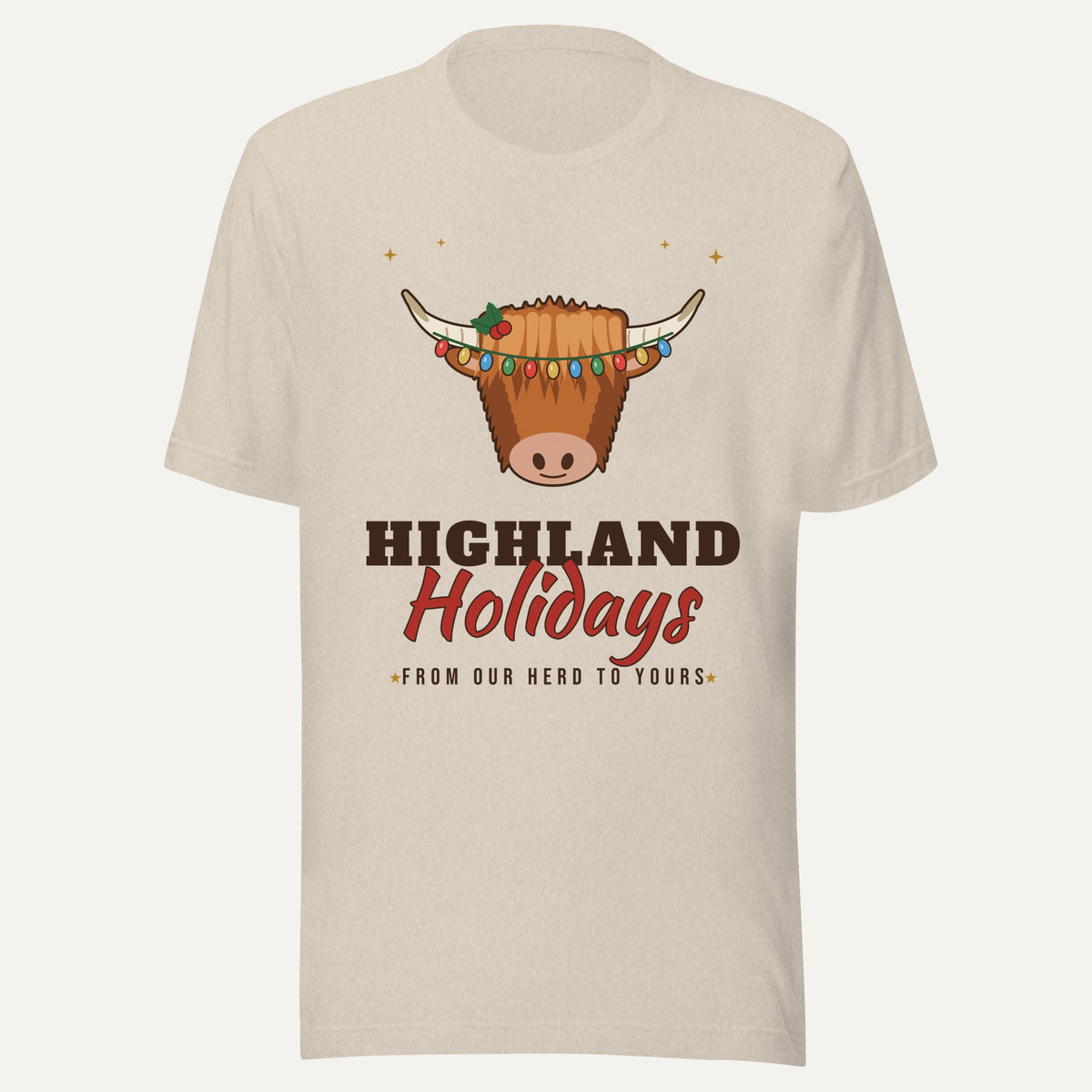 Highland Holidays Highland Cow Christmas Tee in Heather Dust, front view