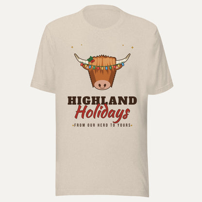 Highland Holidays Highland Cow Christmas Tee in Heather Dust, front view