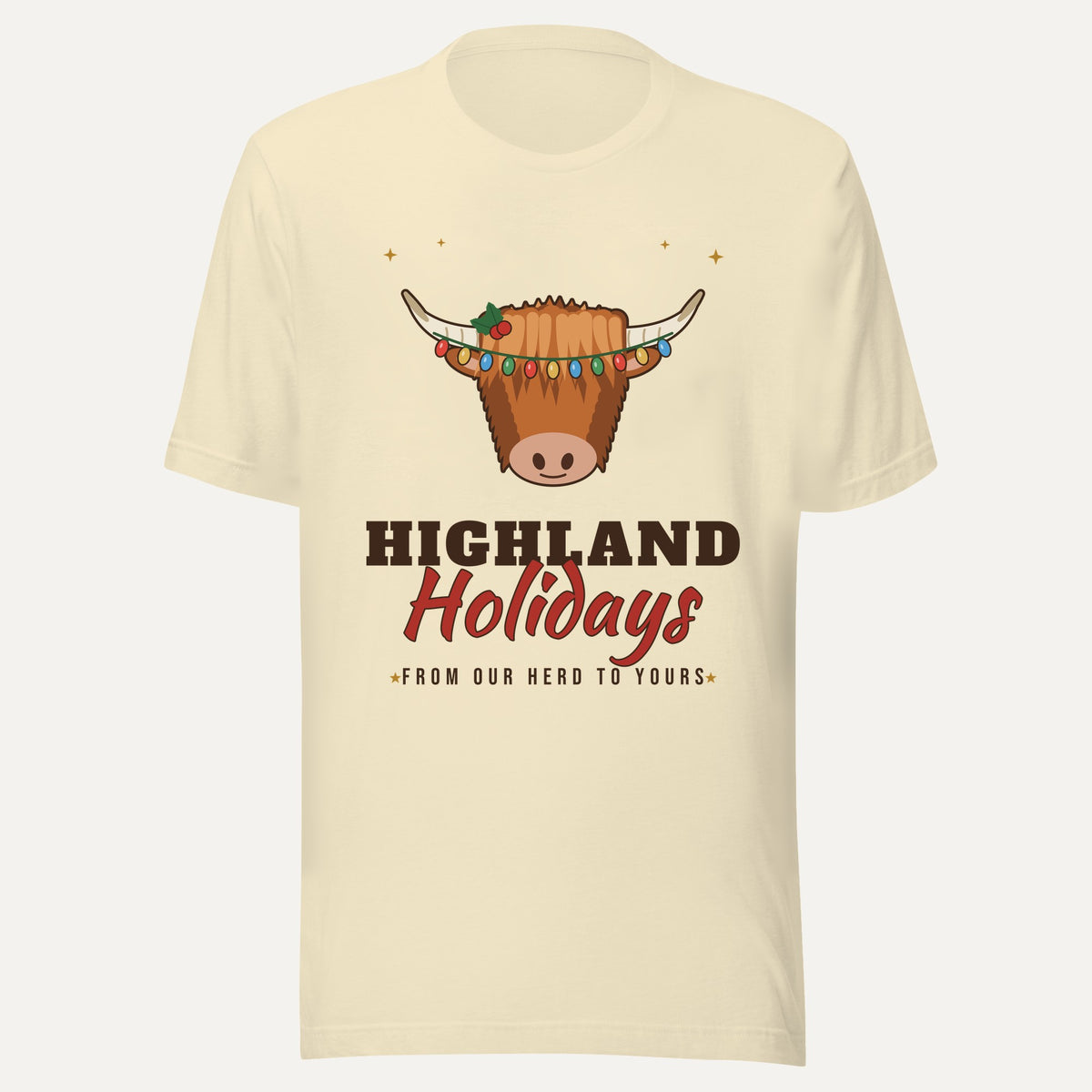 Highland Holidays Highland Cow Christmas Tee in Natural, front view