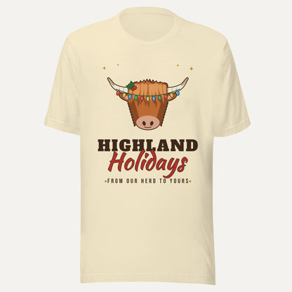 Highland Holidays Highland Cow Christmas Tee in Natural, front view