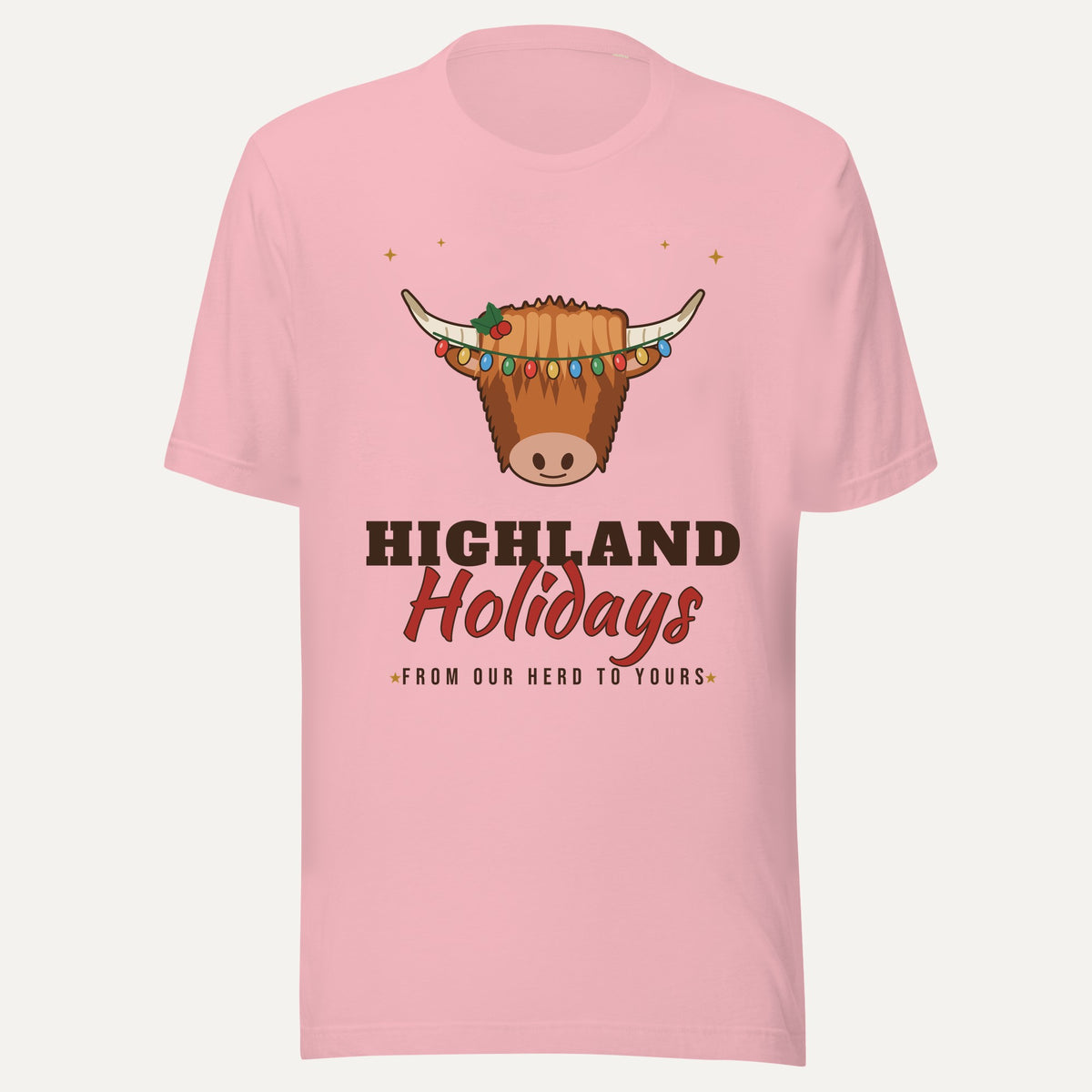 Highland Holidays Highland Cow Christmas Tee in Pink, front view