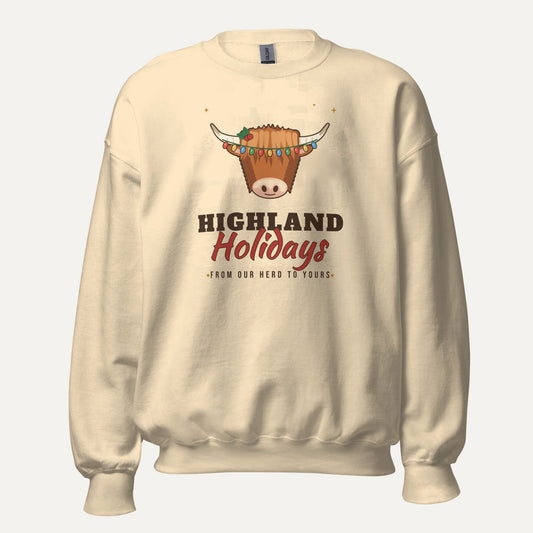 Highland Holidays Highland Cow Christmas Unisex Long Sleeve Sweatshirt in Sand, front view