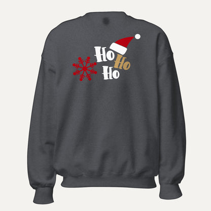 Ho Ho Ho Santa Hat And Snowflake Unisex Long Sleeve Sweatshirt in Dark Heather, front view