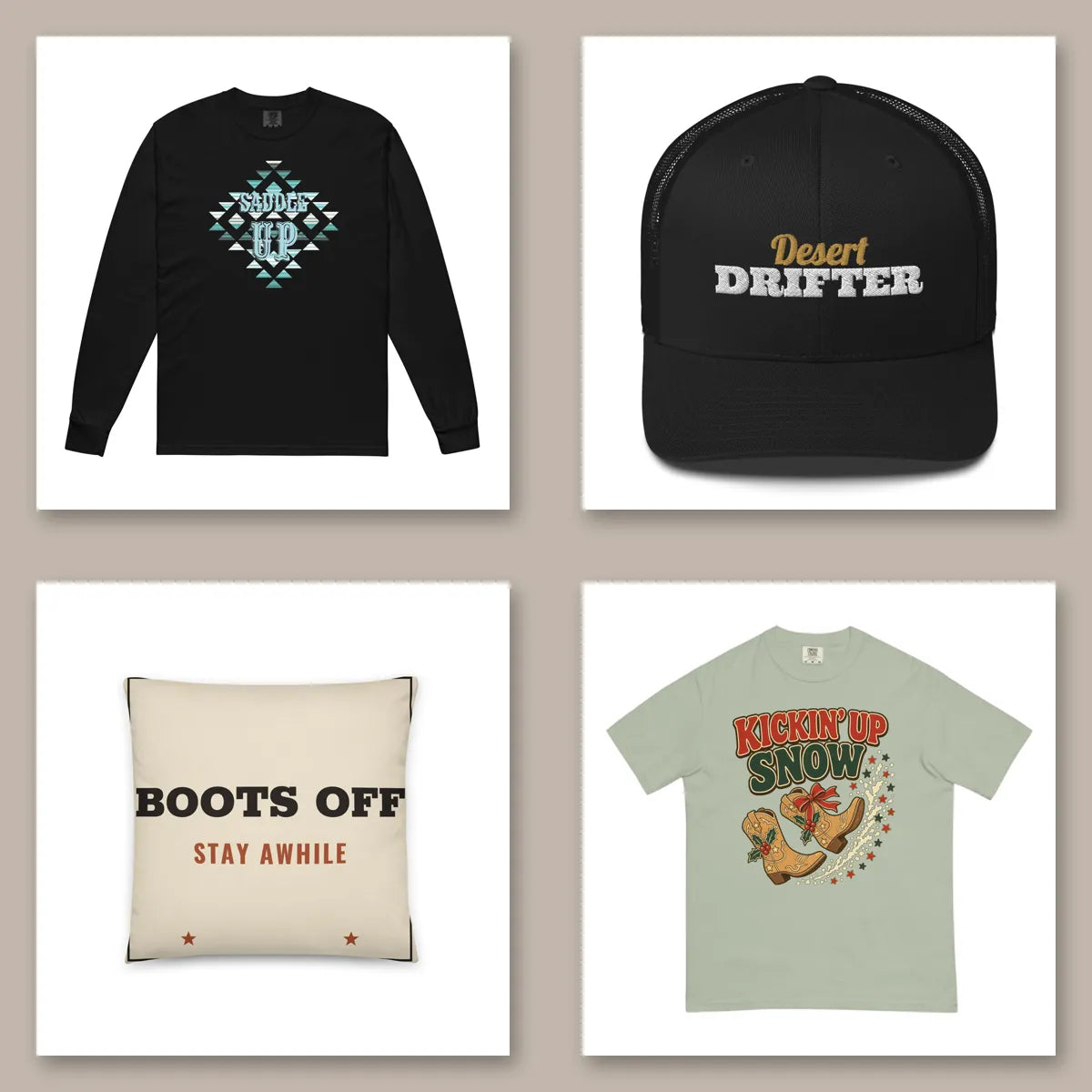 Western long sleeve tee, embroidered trucker hat, throw pillow and Comfort Colors tee from Indigo's Curve