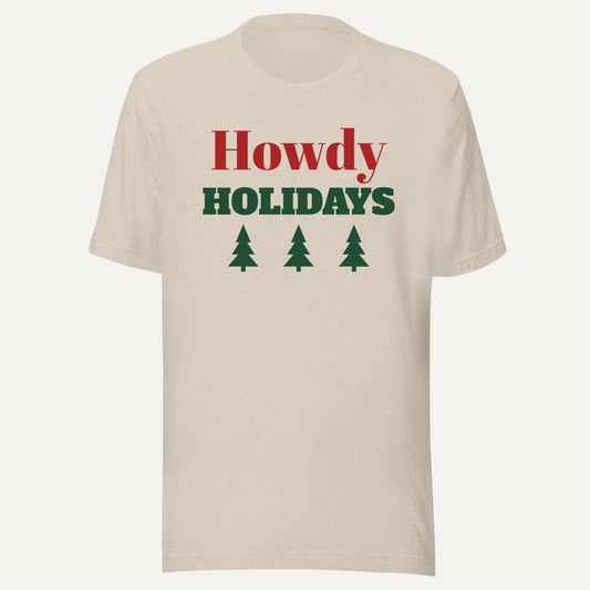 Howdy Holidays Western Christmas Tee in Heather Dust, front view