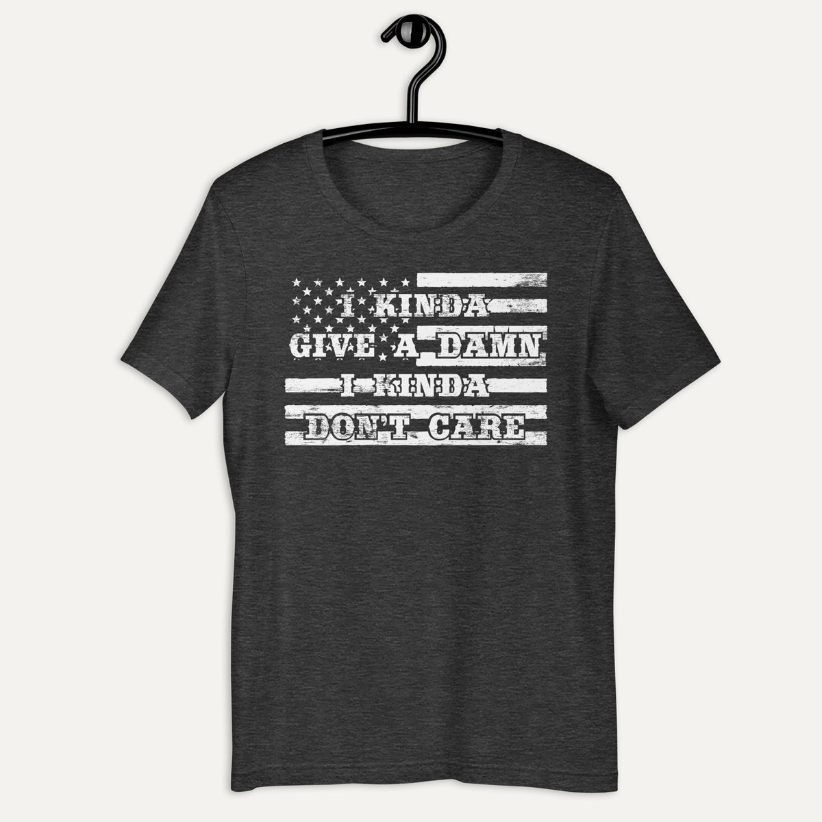 I Kinda Give A Damn I Kinda Don't Care Short Sleeve Tee in Dark Grey Heather, on hanger