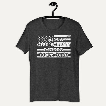 I Kinda Give A Damn I Kinda Don't Care Short Sleeve Tee in Dark Grey Heather, on hanger