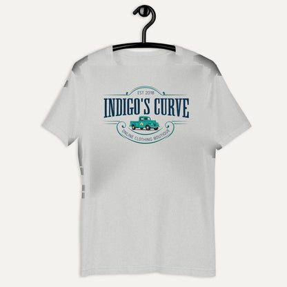 Indigo's Curve Signature Short Sleeve Tee in Athletic Heather, on hanger