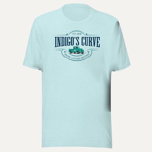 Indigo's Curve Signature Short Sleeve Tee in Heather Prism Ice Blue, front view