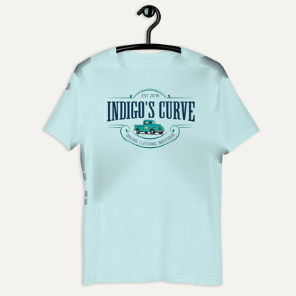 Indigo's Curve Signature Short Sleeve Tee in Heather Prism Ice Blue, on hanger
