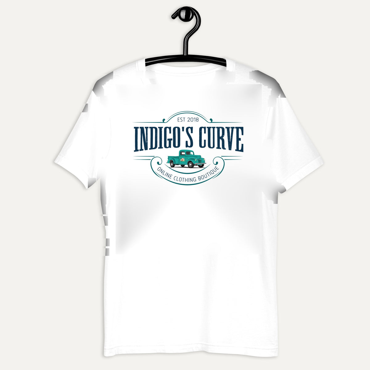 Indigo's Curve Signature Short Sleeve Tee in White, on hanger