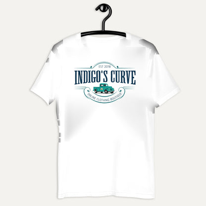 Indigo's Curve Signature Short Sleeve Tee in White, on hanger