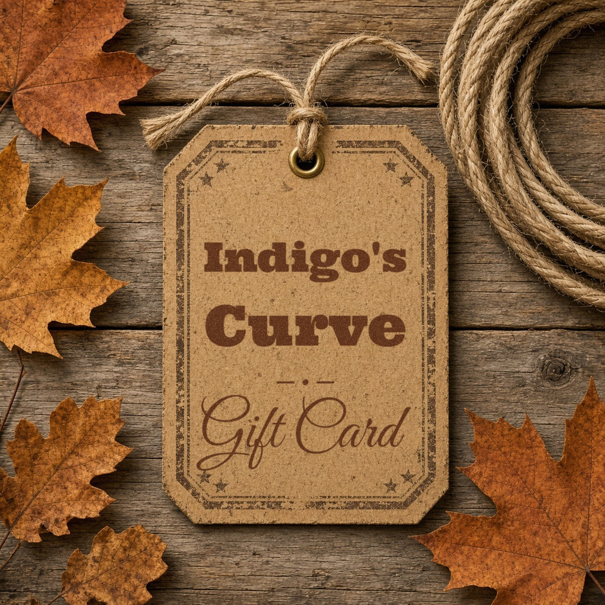 Indigo's Curve country vintage gift card tag with twine on barn wood