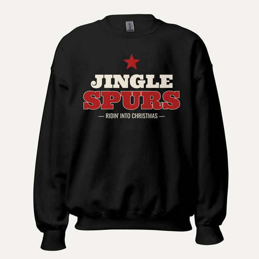 Jingle Spurs Western Christmas Crewneck Sweatshirt in Black, front view