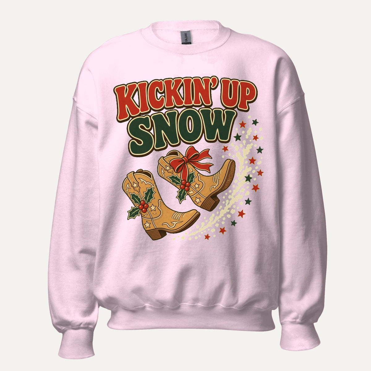 Kickin' Up Snow Western Christmas Crewneck Sweatshirt in Light Pink, front view
