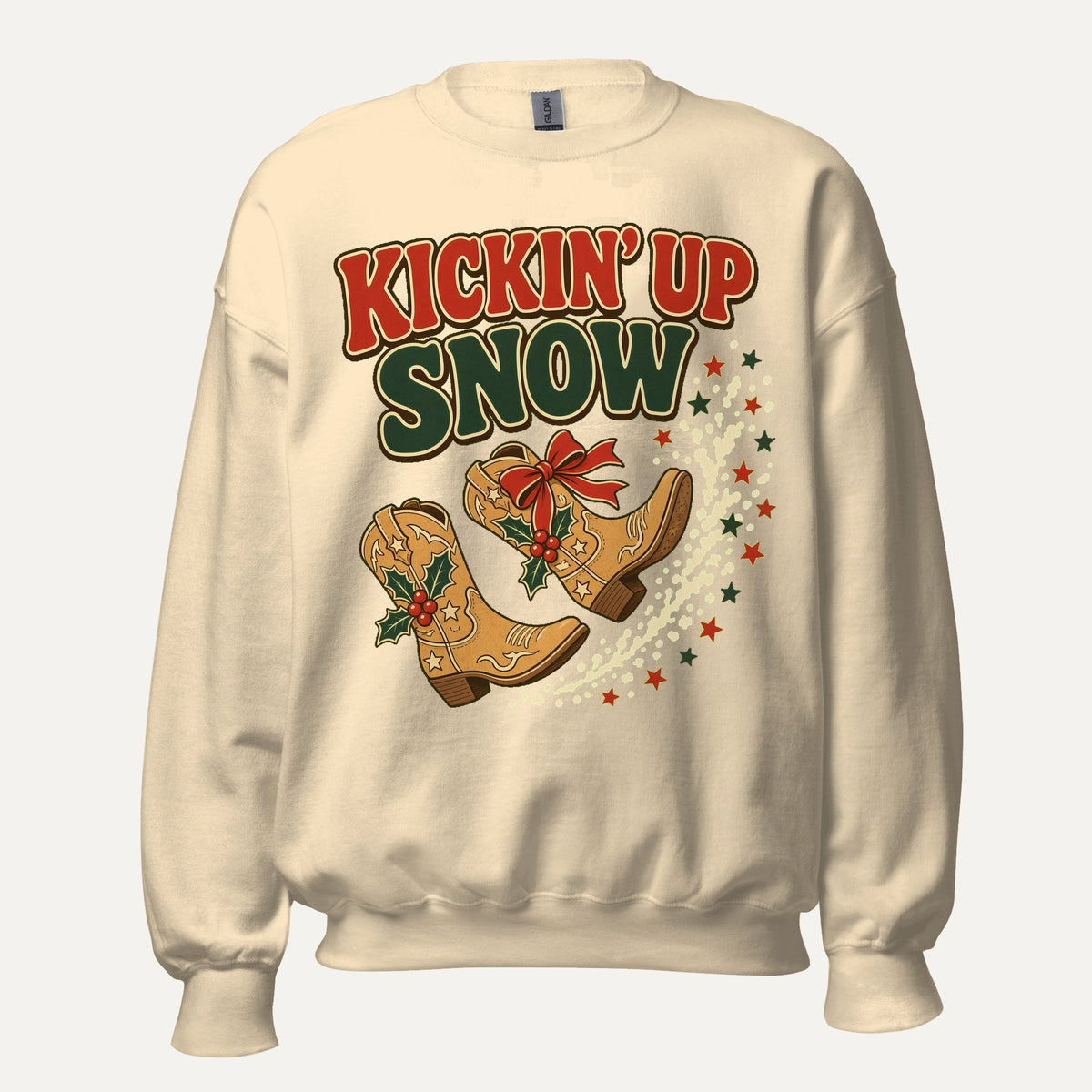Kickin' Up Snow Western Christmas Crewneck Sweatshirt in Sand, front view