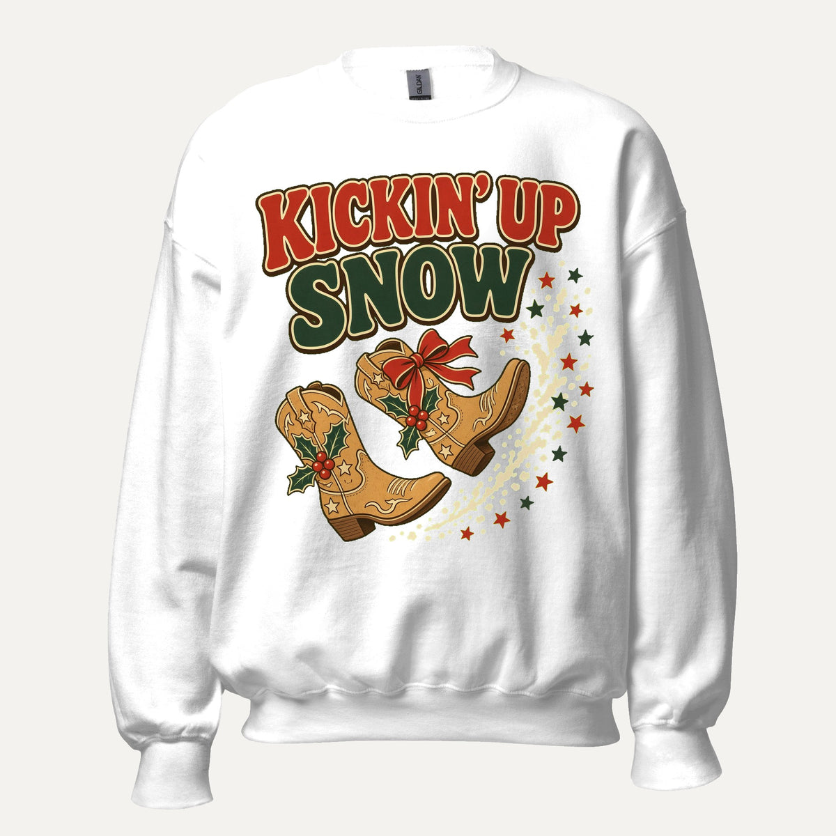 Kickin' Up Snow Western Christmas Crewneck Sweatshirt in White, front view