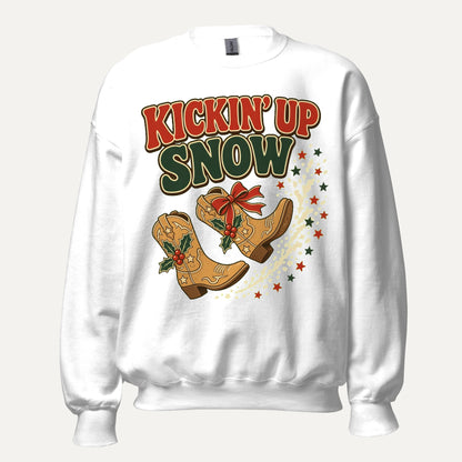 Kickin' Up Snow Western Christmas Crewneck Sweatshirt in White, front view