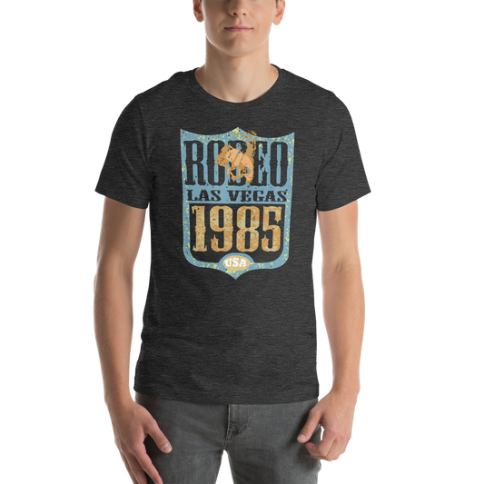 Vintage Rodeo Las Vegas 1985 Bella Canvas 3001 Tee in Dark Grey Heather, worn on model