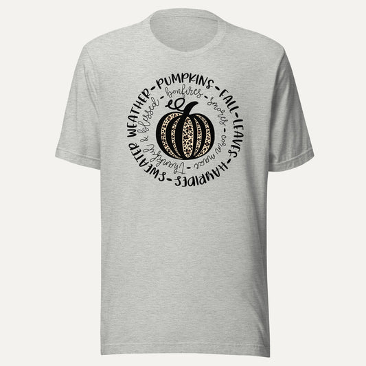 Leopard Print Pumpkin Circle Short Sleeve Tee in Athletic Heather, front view
