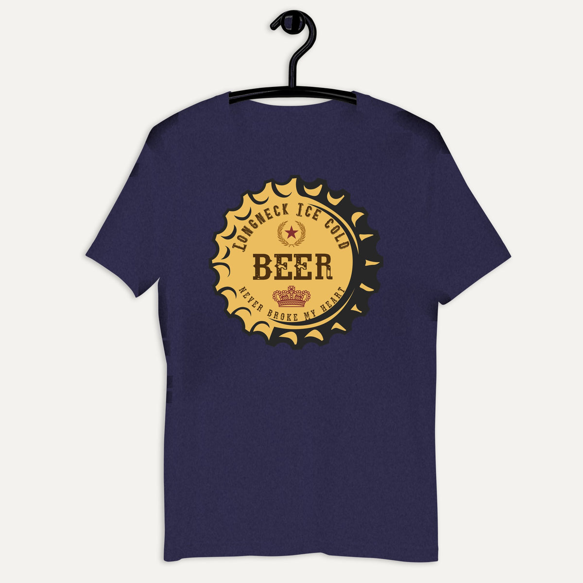 Longneck Ice Cold Beer Short Sleeve Tee in Heather Midnight Navy, on hanger