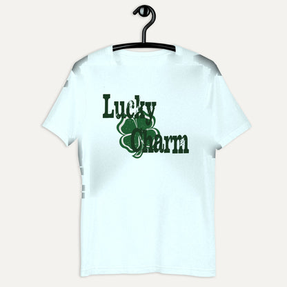 Lucky Charm Short Sleeve Tee in Heather Ice Blue, on hanger