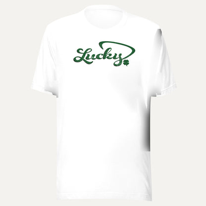 Lucky Cursive Clover Short Sleeve Tee in White, front view